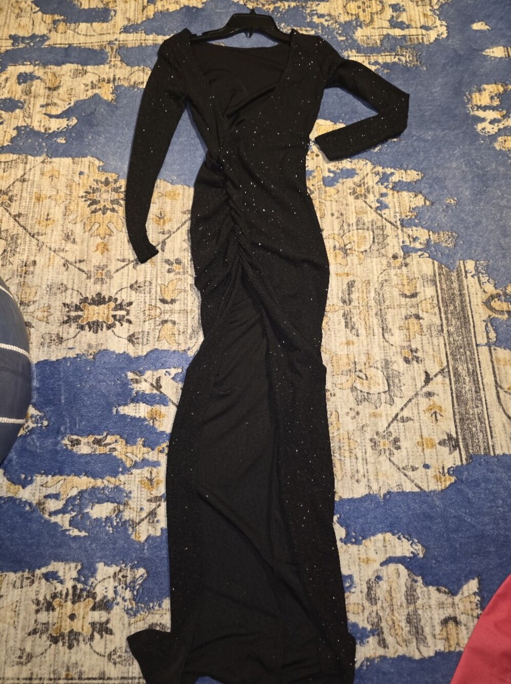 Chico's Black Sparkle Ruched Long-Sleeve Evening Dress